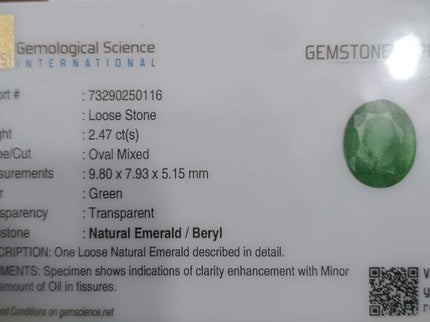 Certified 2.47ct Natural Zambian Emerald Stone.