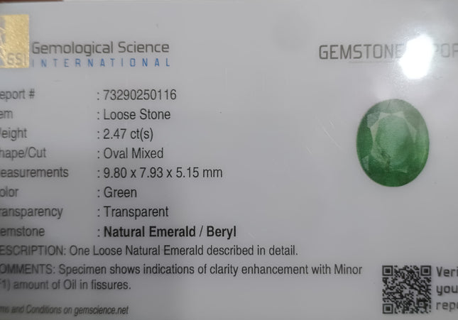 GSI certified 2.47ct Medium Pure Green Natural Zambian Emerald Minor Oiled Loose Gemstone