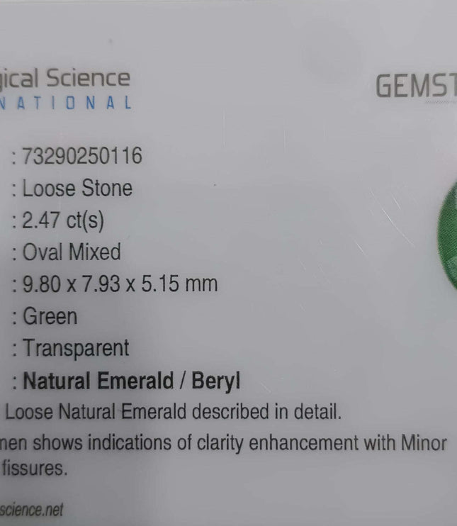 Certified 2.47ct Natural Zambian Emerald Stone.