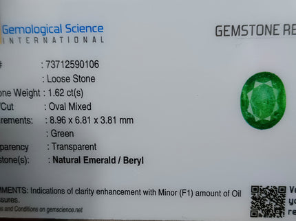 1.62ct Zambian Emerald, Certified Medium Green Natural Oval Cut Loose Gemstones