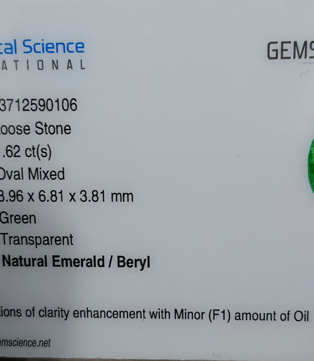 1.62ct Zambian Emerald, Certified Medium Green Natural Oval Cut Loose Gemstones