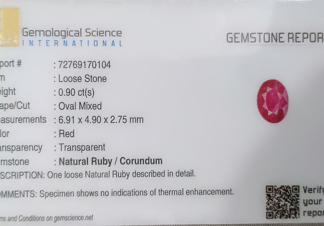 GSI Certified 0.90ct Blood Red Ruby, Untreated