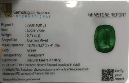 GSI Certified 5.49ct Alpine Green Emerald, Natural Gemstone