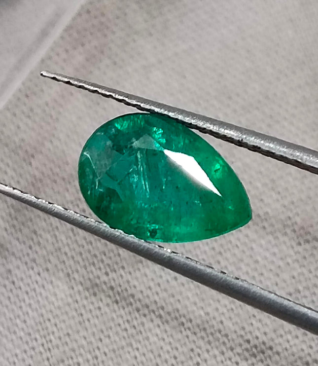 1.57ct Zambian Emerald Certified Natural Medium Deep Green Pear Cut Loose Gemstone