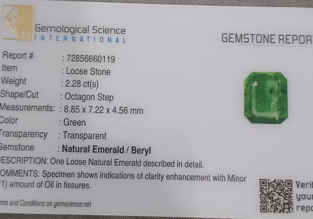 GSI Certified 2.28ct Medium Green Zambian Emerald, Natural Gemstone