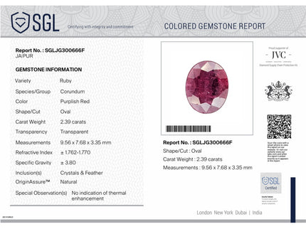 2.39ct Untreated Natural Ruby SGL Certified Mozambique Deep Cherry Red Oval Cut Gemstone