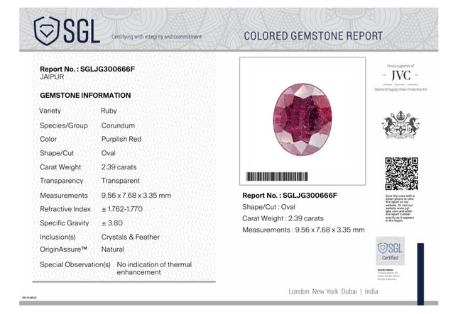 2.39ct Untreated Natural Ruby SGL Certified Mozambique Deep Cherry Red Oval Cut Gemstone