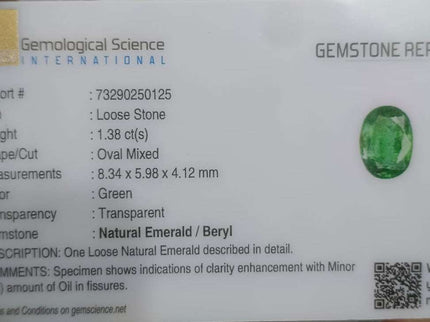1.38ct Certified Zambian Natural Emerald.
