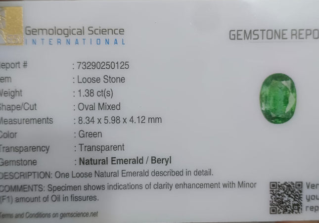 GSI Certified 1.38ct Bright Medium Shamrock Green Natural Zambian Emerald Minor Oiled Loose Gemstone