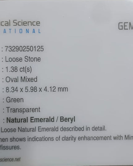 GSI Certified 1.38ct Bright Medium Shamrock Green Natural Zambian Emerald Minor Oiled Loose Gemstone
