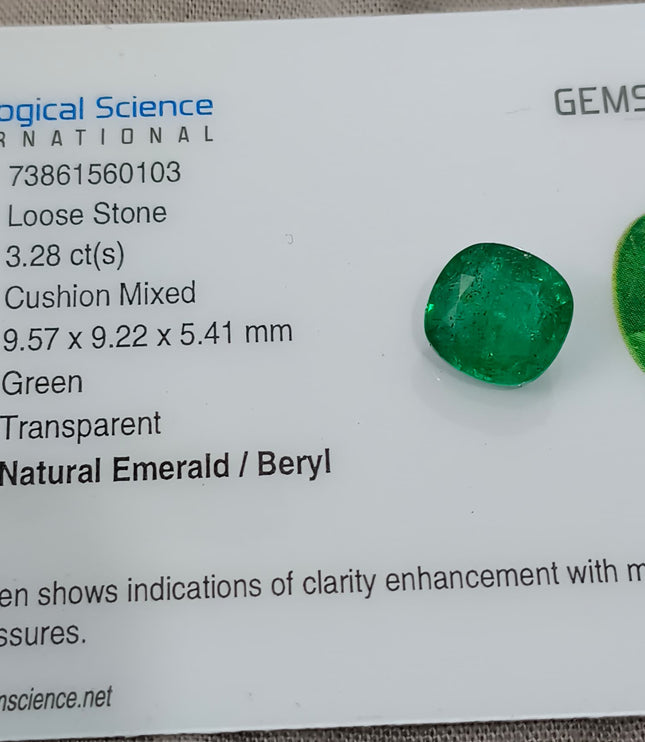 Zambian Emerald 3.28ct Natural Certified Spring Green Cushion Cut Loose Gemstone