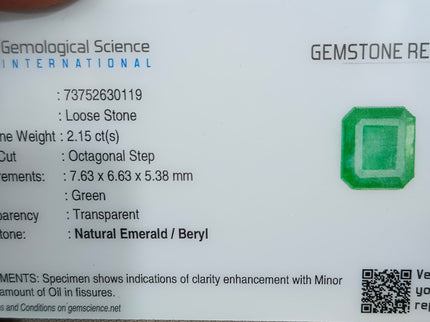 2.15ct Zambian Emerald, Certified Natural Medium Green Octagon Cut Gemstone
