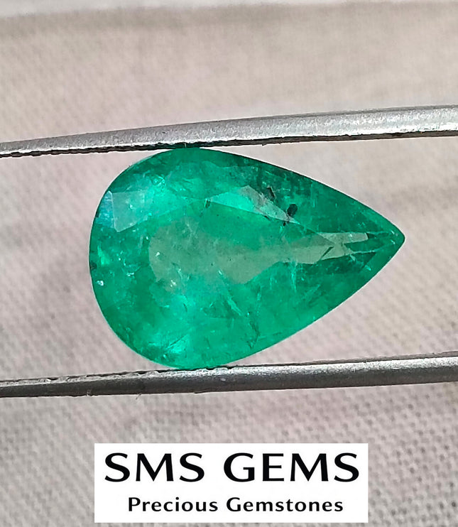 3.96ct Colombian Color Emerald Natural GSI Certified Medium Green Pear Cut Gemstone