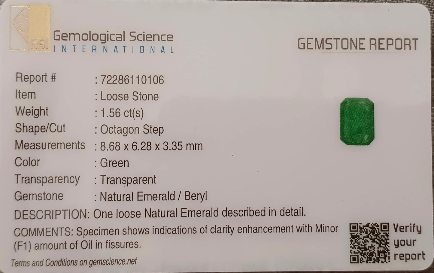 GSI Certified 1.56ct Medium Intense Green Emerald, 100% Natural Gemstone