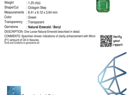 Natural Zambian Emerald 1.25ct Certified Deep Vivid Green Octagon Cut Loose Gemstone