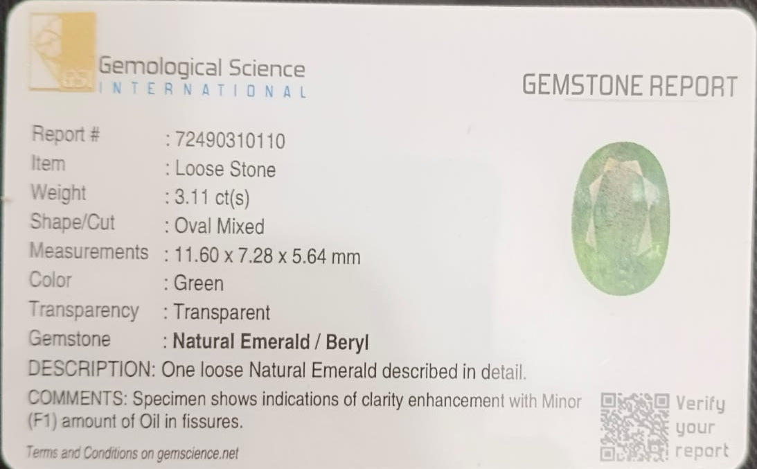 GSI Certified 3.11ct Pastel Green Emerald, 100% Natural Gemstone