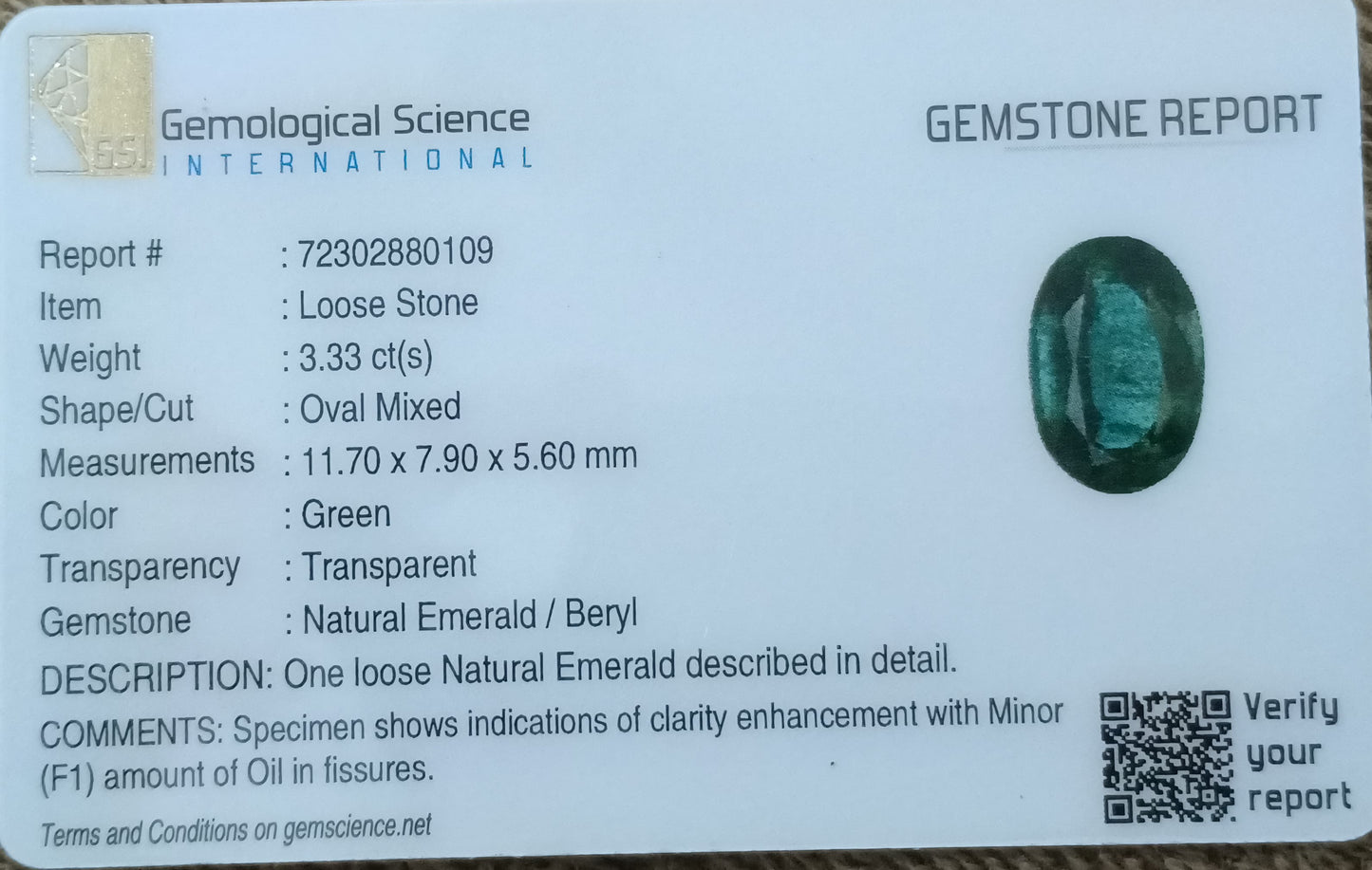 GSI Certified 3.33ct Full Luster Deep Green Zambian Emerald , 100% Natural Earth Mined Gemstone.