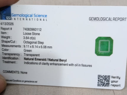 Emerald Natural 3.64ct GSI Certified Medium Deep Parrot Green Octagon Cut Loose Gemstone