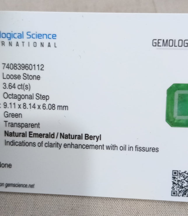 Emerald Natural 3.64ct GSI Certified Medium Deep Parrot Green Octagon Cut Loose Gemstone