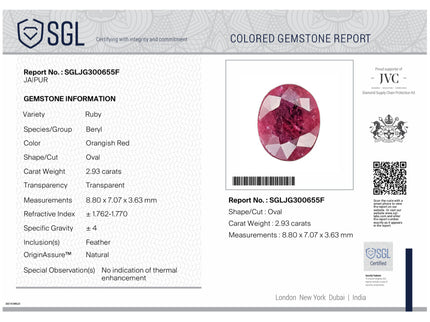 2.93ct Unheated Natural Ruby Mozambique SGL Certified Deep Rasberry Red Gemstone
