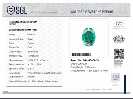 2.56ct Natural Emerald SGL Certified Rich Medium Spring Green Oval Cut Gemstone