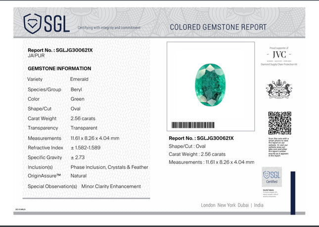 2.56ct Natural Emerald SGL Certified Rich Medium Spring Green Oval Cut Gemstone