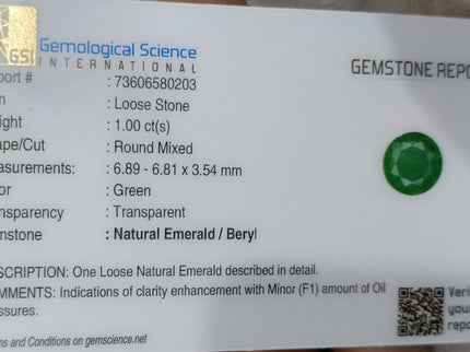 Zambian Emerald 1.00ct Certified Natural Medium Bright Shamrock Green Round Cut Gemstone