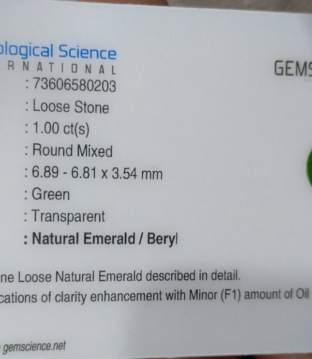 Zambian Emerald 1.00ct Certified Natural Medium Bright Shamrock Green Round Cut Gemstone