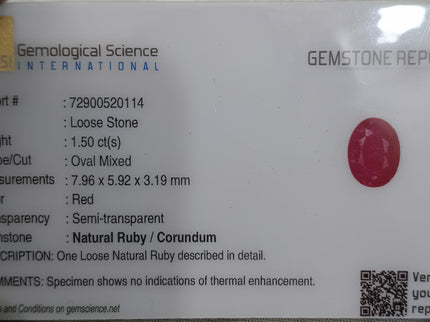 GSI Certified 1.50ct Mozambique Ruby, Natural Untreated Gemstone