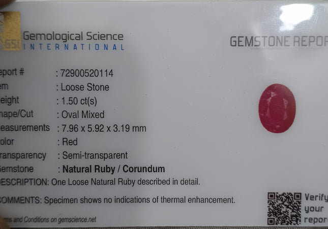GSI Certified 1.50ct Mozambique Ruby, Natural Untreated Gemstone