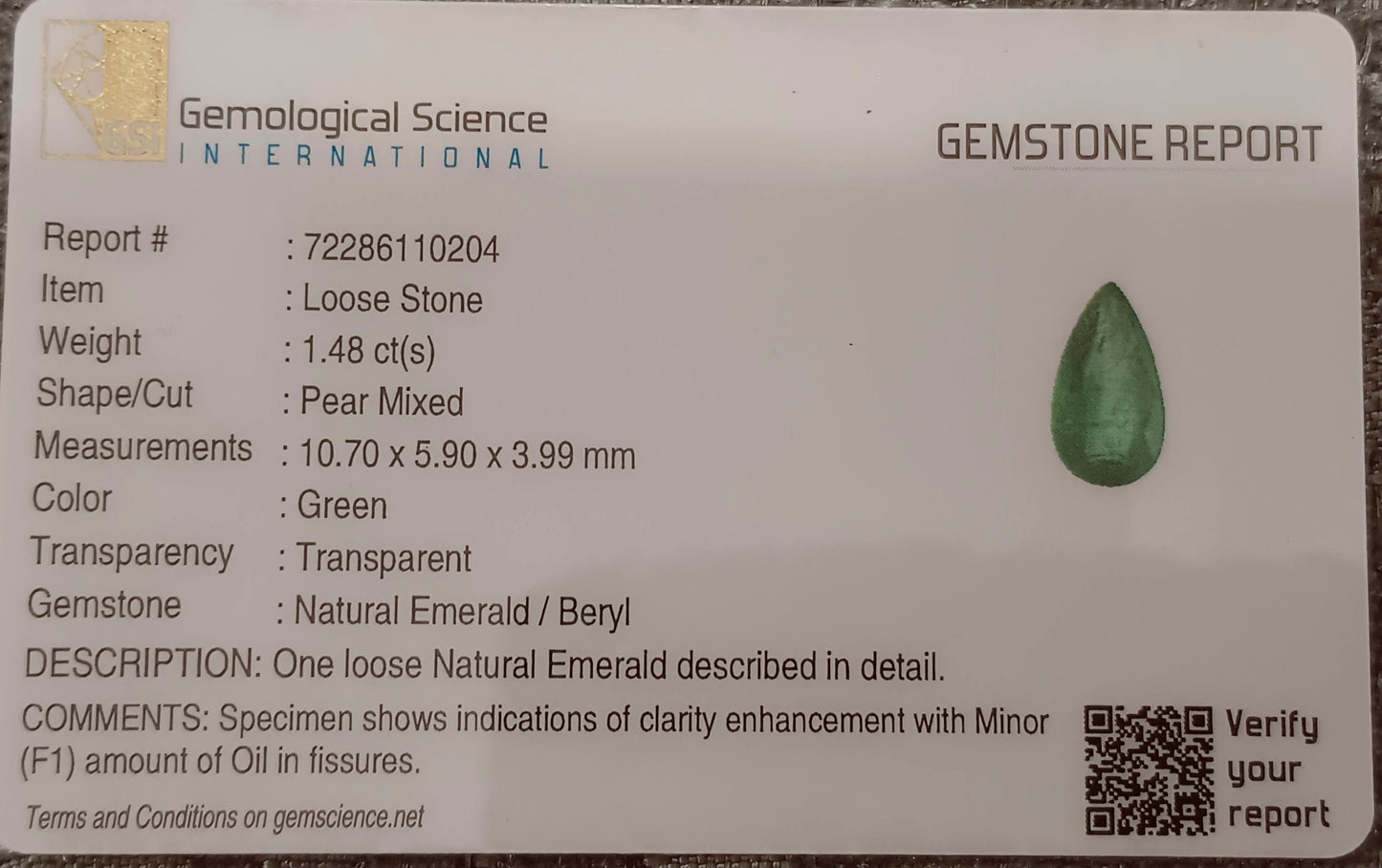 GSI Certified 1.48ct Vivid Green Zambian Emerald , 100% Natural Earth Mined Gemstone