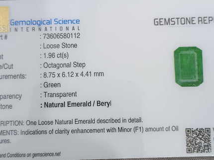 Panjshir Emerald 1.96ct Neon Green Emerald Cut Loose Stone