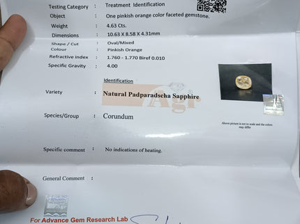 4.63ct Padparadscha Sapphire, Certified Natural Unheated Loose Gemstone