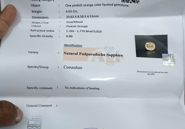 Certified 4.63ct Natural untreated Padparadscha Sapphire