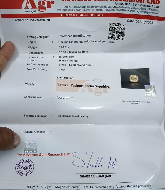 4.63ct Padparadscha Sapphire, Certified Natural Unheated Loose Gemstone