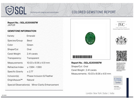 2.41ct Natural Emerald SGL Certified Medium Deep Green Oval Cut Minor Oiled Loose Gemstone