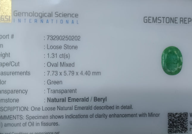 GSI USA Certified 1.31ct Medium Light Shamrock Green Zambian Emerald Minor Oiled Loose Gemstone