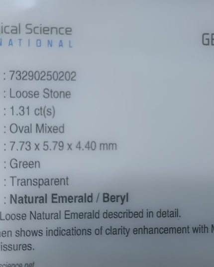 GSI USA Certified 1.31ct Medium Light Shamrock Green Zambian Emerald Minor Oiled Loose Gemstone