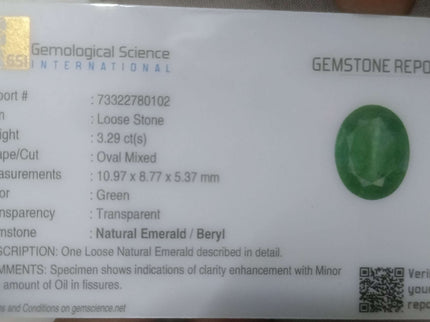 3.29ct Certified Zambian Natural Emerald Stone
