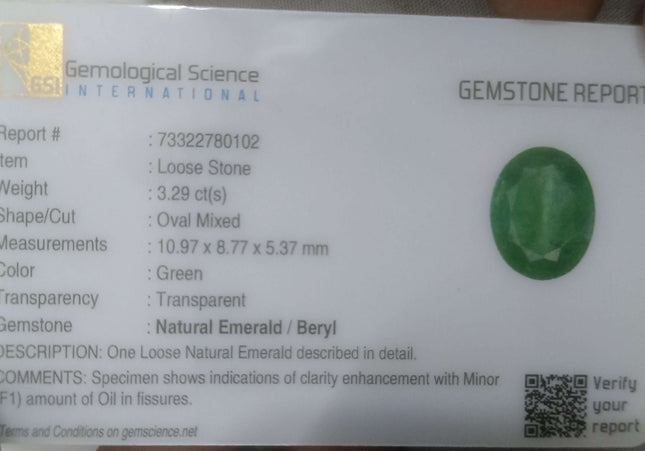 3.29ct Medium Light Green Zambian Emerald Minor Oiled Loose Gemstone