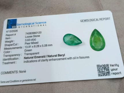 3.63ct Natural Emerald GSI Certified Pear Cut Natural Gemstone