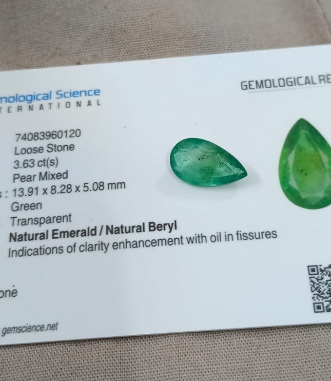 3.63ct Natural Emerald GSI Certified Pear Cut Natural Gemstone