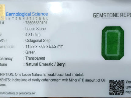 Swat Emerald 4.31ct Certified Natural Deep Green Octagon Cut Loose Gemstone