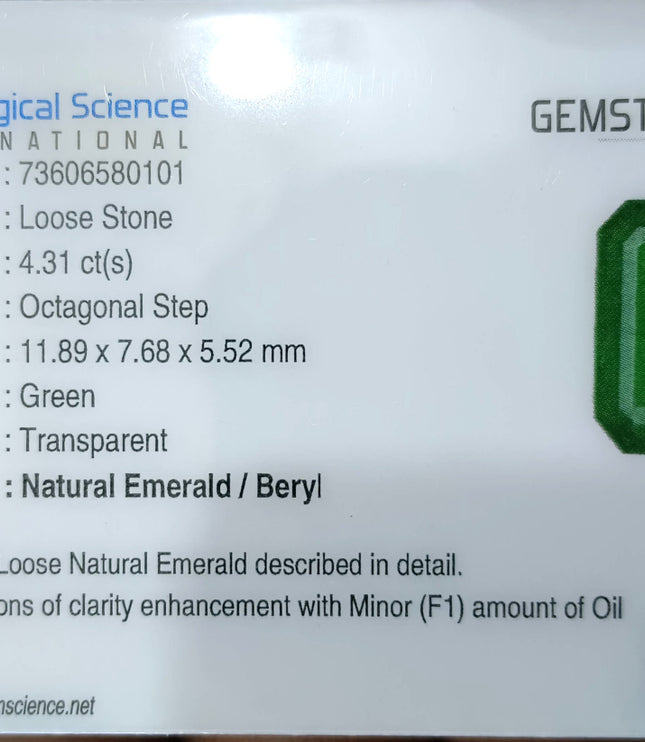 Swat Emerald 4.31ct Certified Natural Deep Green Octagon Cut Loose Gemstone