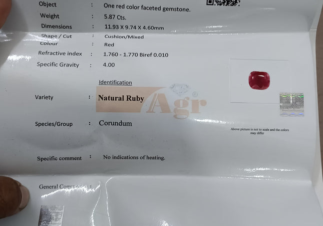 Big Certified 5.87ct Natural untreated Ruby