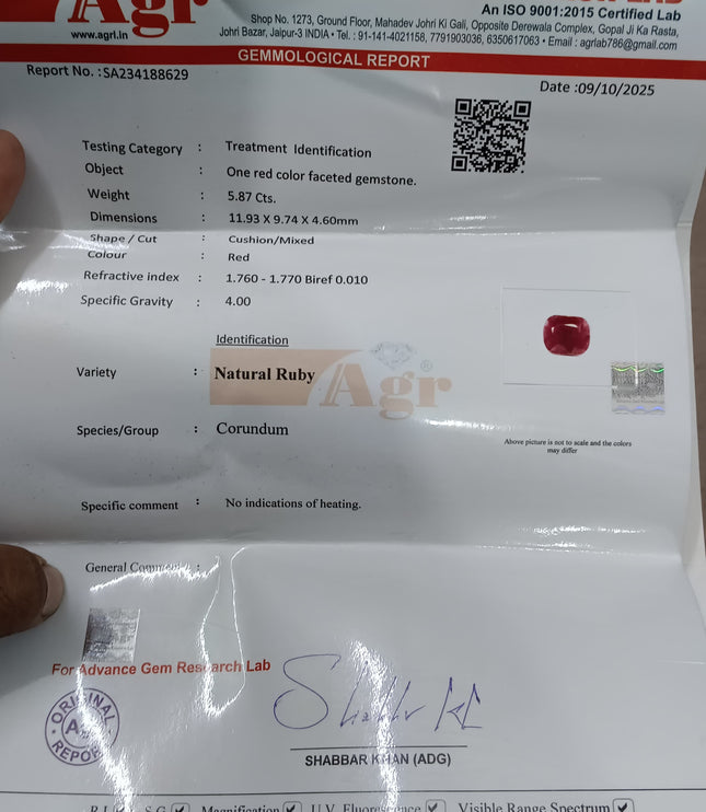 Natural Ruby 5.87ct Certified untreated Cushion Cut Loose Gemstone