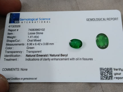 Emerald Natural 1.41ct Certified Deep Vivid Green Oval Cut Loose Gemstone