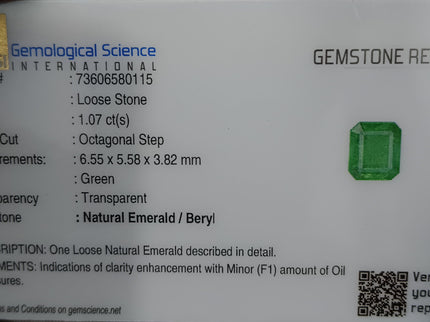 Panjshir Emerald 1.07ct Natural Certified Neon Green Emerald Cut Loose Gemstones