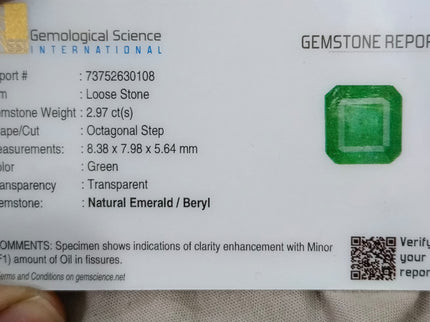 2.97ct Zambian Emerald, Certified Natural Medium Spring Green Octagon Cut Gemstone