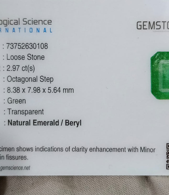 2.97ct Zambian Emerald, Certified Natural Medium Spring Green Octagon Cut Gemstone